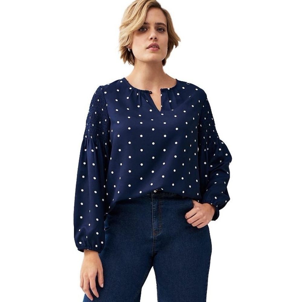 Ellos  Polka Dot Blouson Sleeve Keyhole Navy Blue White Blouse 1X (22-24)